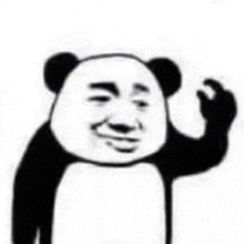 a panda bear is making a funny face and waving .