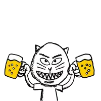a cartoon cat is holding two mugs of beer in its hands