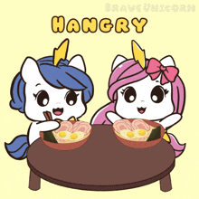 two unicorns are sitting at a table with bowls of food and the word hangry written above them