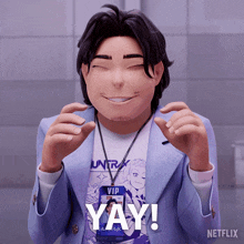 a man with a lanyard around his neck that says " yay "