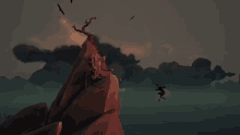 a tree is sitting on top of a rocky cliff in the middle of a video game .
