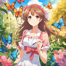 a girl in a pink dress is surrounded by flowers and butterflies