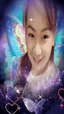 a painting of a woman with purple butterflies and hearts surrounding her