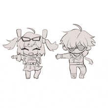 a boy and a girl are standing next to each other in a drawing .