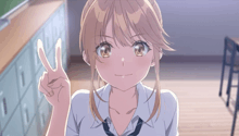 a girl in a white shirt and tie giving the peace sign