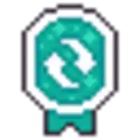 a pixel art icon of a shield with two arrows pointing in opposite directions on a white background .