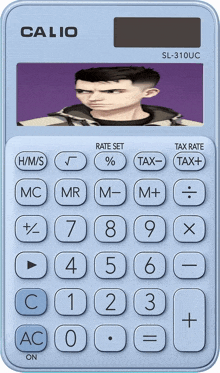 a blue casio calculator with a man 's face on the screen