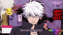 a cartoon of a boy with white hair and the words domain expansion