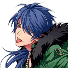 a blue haired anime character wearing a green jacket