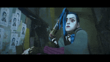 a cartoon character is holding a gun in front of a wall with wanted posters on it