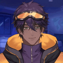 a close up of a person wearing a purple jacket and goggles