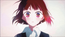 a close up of a girl 's face with red hair