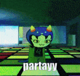 a cartoon character with the word partayy written on it