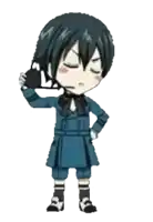 a little boy in a blue coat is holding a black object to his head