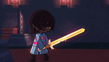 a cartoon character is holding a glowing sword in a dark room