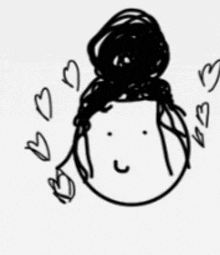 a black and white drawing of a woman 's head with hearts around it .