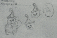 a drawing of a cat with a hat and a speech bubble that says i 'm cute