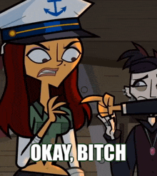 a cartoon character says okay bitch while pointing