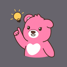 a pink teddy bear has a light bulb above his head and the word aha below him