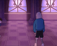 a cartoon drawing of a skeleton standing in a room