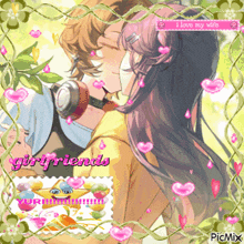 a picture of a man and woman kissing with the words girlfriends written on the bottom