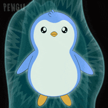 a blue and white penguin is standing in front of a black background with the word pengu on it