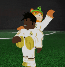 a cartoon character wearing a real madrid jersey is carrying another character