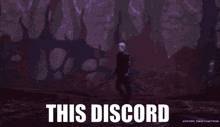 a man standing in front of a purple lightning bolt with the words this discord