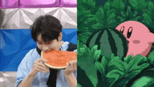a man is eating a slice of watermelon next to a cartoon of kirby eating a watermelon
