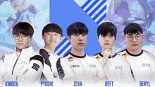 a group of young men standing next to each other with the names kingen pyosik zeka deft and beryl on their shirts