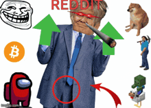 a man in a suit and tie is surrounded by a bunch of icons including among us and a troll