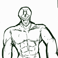 a black and white drawing of a skeleton without a shirt on