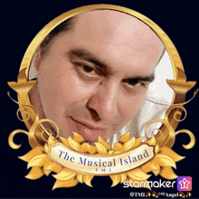 a picture of a man with the words " the musical island " on the bottom