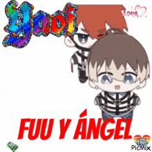 a picture of two anime characters with the words " fuu y angel " in red