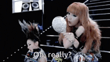 a woman holding a lollipop with the words oh really on the bottom