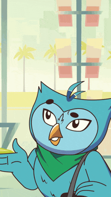 a cartoon of an owl with a green scarf around its neck giving a thumbs up