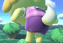 a cartoon character is wearing purple shorts and a pink plaid shirt