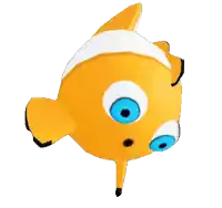 a clown fish with blue eyes and a surprised look on his face
