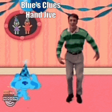 a man in a green and green striped shirt is dancing with blue 's clues hand jive