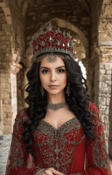 a woman in a red dress is wearing a crown