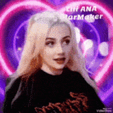 a woman with blonde hair is standing in front of a purple heart with the name lili ana starmaker on it