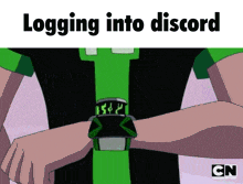 a cartoon character is wearing a watch that says " logging into discord "