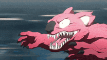 a cartoon of a pink bear with sharp teeth