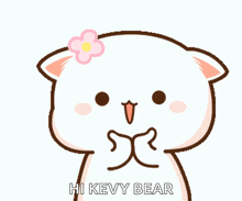 a cartoon cat with a flower on its head and the words hi kevy bear below it