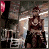 a woman in a costume is standing in front of a store