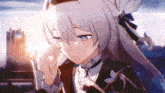 a girl with gray hair and blue eyes is looking down