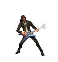 a man in a suit playing a blue guitar
