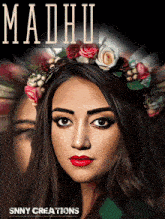 a painting of a woman with a flower crown and the name madhu on the bottom