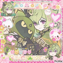 a picture of a girl with green hair and purple eyes is surrounded by pink hearts