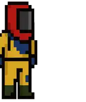 a pixel art illustration of a man in a yellow and blue suit holding a gun